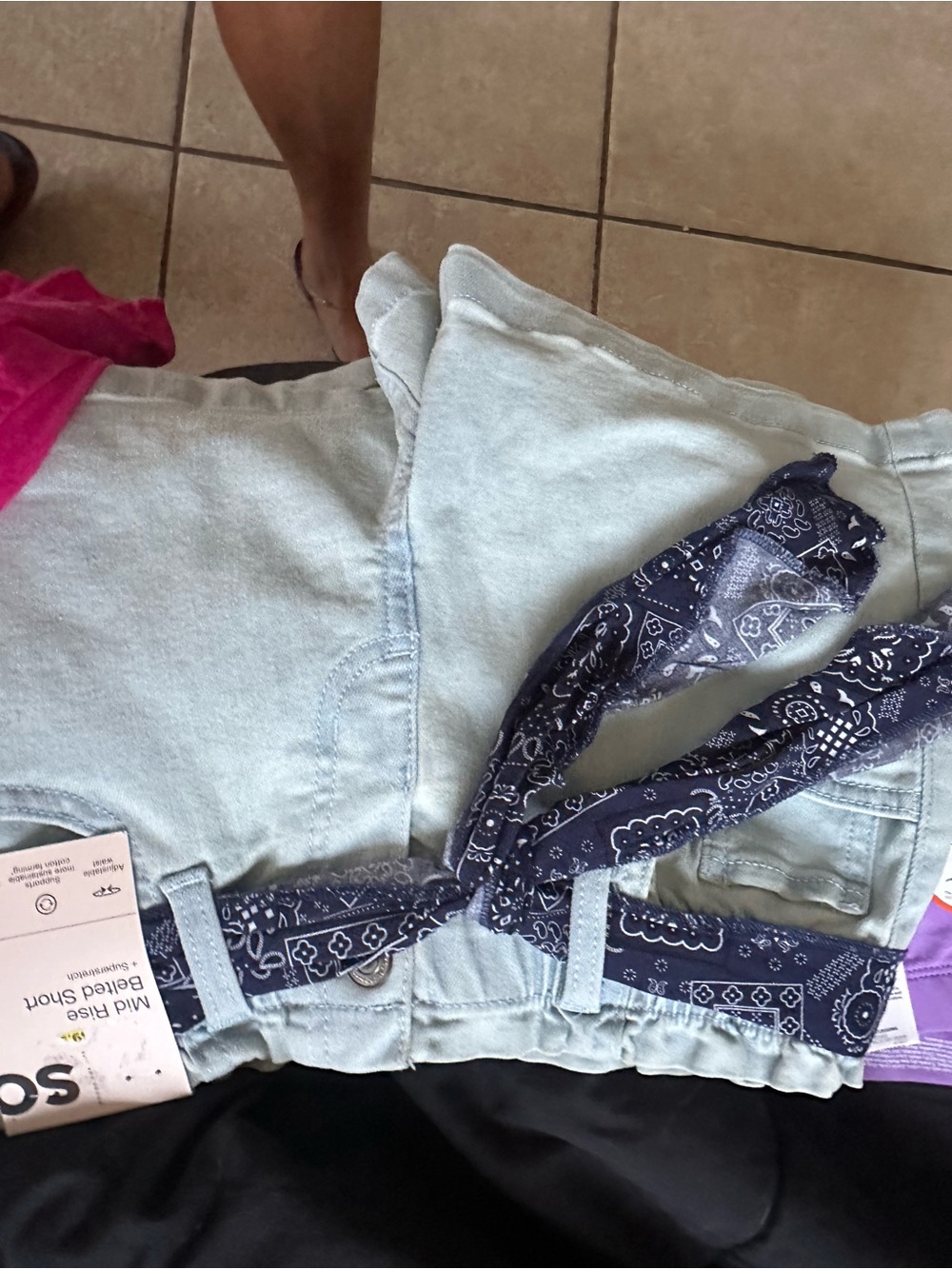 Light Wash Denim Shorts with Navy Bandana Tie